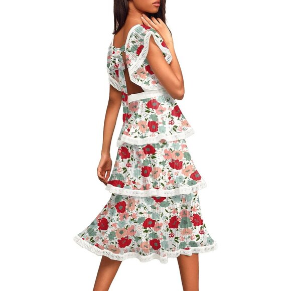 Women's Summer Floral Ruffle Chiffon Maxi Dress Boho Wedding Party - Picture 2 of 2